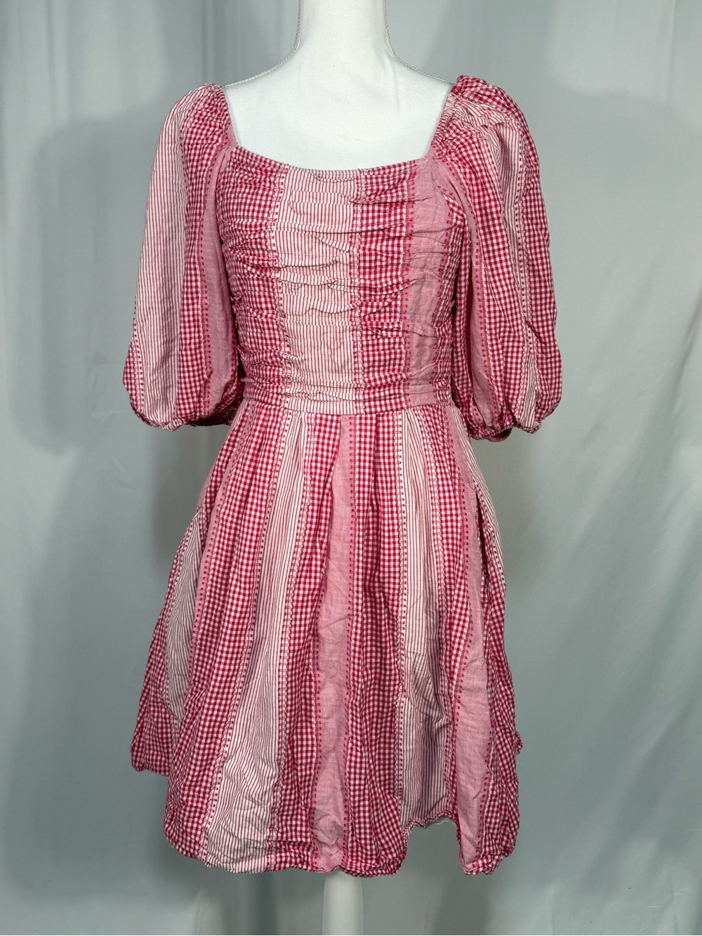 Ivy City Co Red Gingham Puff Sleeve Cottagecore Mini Dress Size Small